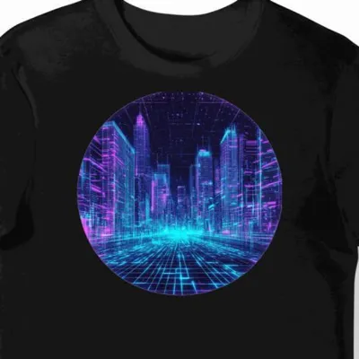 Koszulka męska czarna z nadrukiem neonowych miast cyberpunkowych