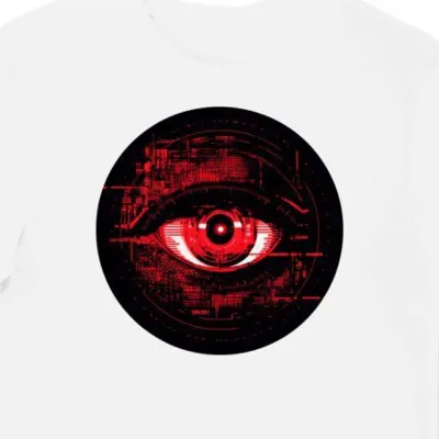 Koszulka męska biała z motywem cybernetycznym czerwonego oka