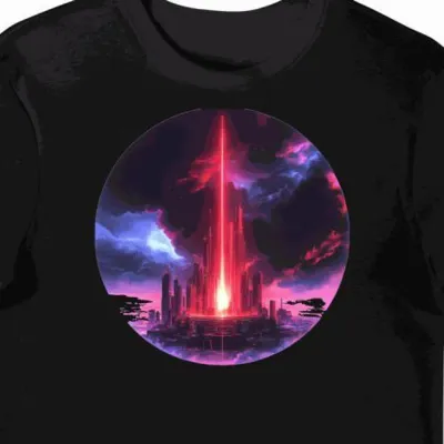 Koszulka męska czarna z motywem cyberpunk czerwonego szczytu