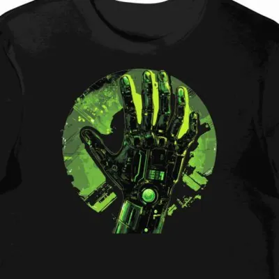 Koszulka męska czarna z nadrukiem zielonej metalowej dłoni cyberpunk