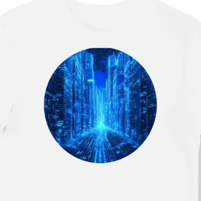 Koszulka męska biała z nadrukiem neonowego miasta cyberpunk (2)