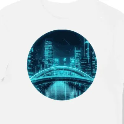 Koszulka męska biała z motywem neonowych miast cyberpunku