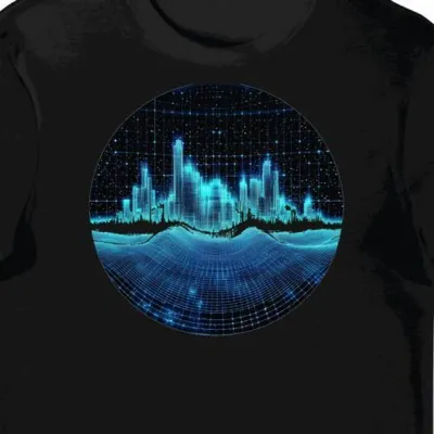 Koszulka męska czarna z motywem cyberpunkowego miasta dla miłośników futurystycznych klimatów.