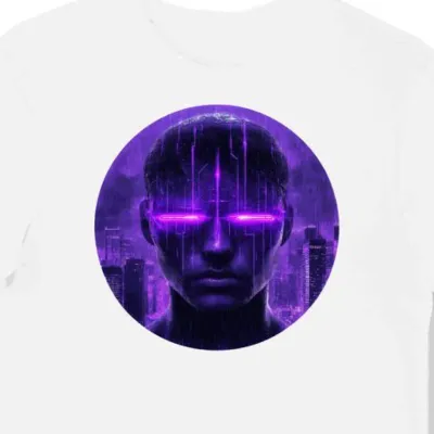 Koszulka męska biała z motywem fioletowej holo twarzy cyberpunk