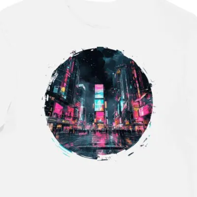 Koszulka męska biała z motywem cyberpunkowych neonów (3)