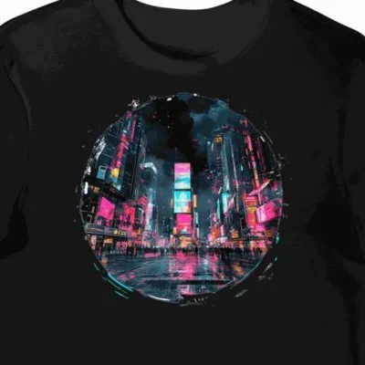 Koszulka męska czarna z nadrukiem neonowego cyberpunku (2)