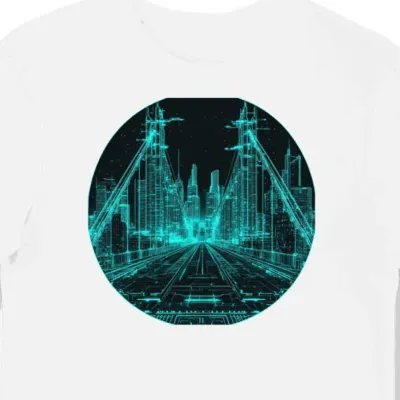 Koszulka męska biała z motywem neonowego mostu teal