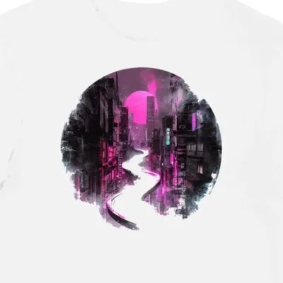 Koszulka męska biała z motywem neonowego miasta cyberpunk (2)