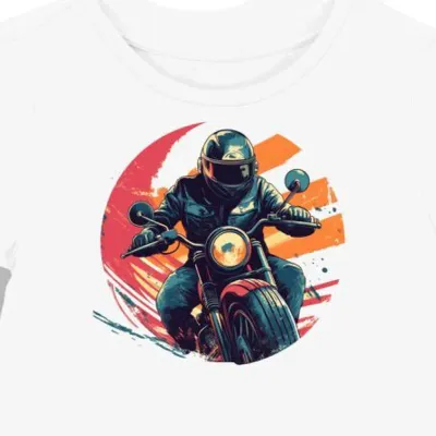 Koszulka damska biała z motywem motocyklisty słuchającego muzyki