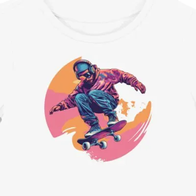 Koszulka damska biała z nadrukiem skateboardera dla pasjonatów muzyki
