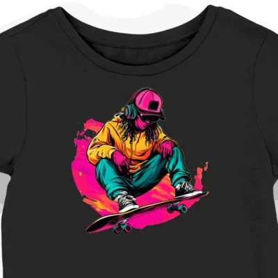 Koszulka damska czarna z motywem muzykalnego skateboardzisty