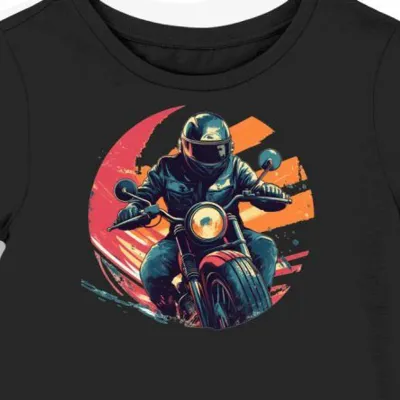Koszulka damska czarna z motywem motocyklisty i muzyki