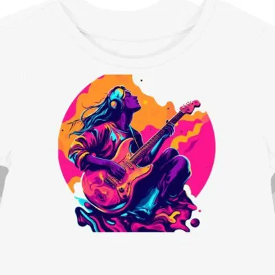 Koszulka damska biała z grafiką gitarzysty słuchającego muzyki
