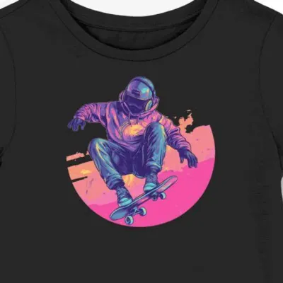 Koszulka damska czarna z motywem skateboardera w stylu elektrycznego dreamscape