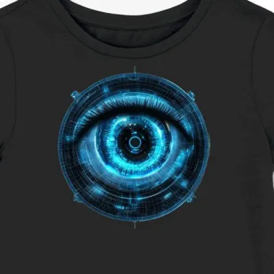 Koszulka damska czarna z grafiką cyberpunkowego niebieskiego hologramu