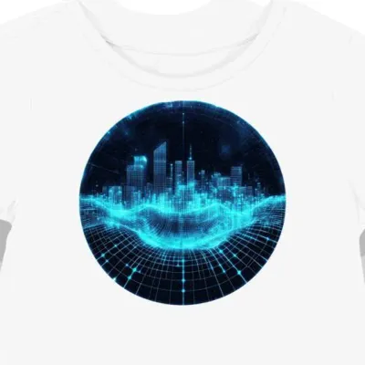 Koszulka damska biała z motywem cyberpunkowego neonowego miasta