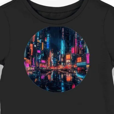 Koszulka damska czarna z nadrukiem neonowego miasta cyberpunk