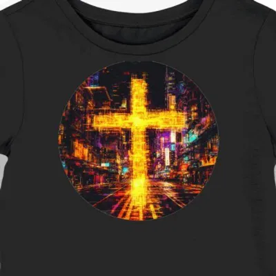 Koszulka damska czarna z motywem złotego krzyża cyberpunk