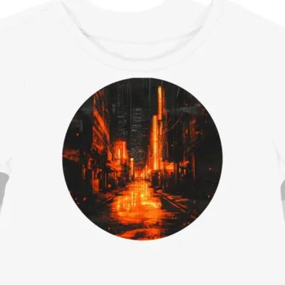 Koszulka damska biała z grafiką neonowego miasta w stylu cyberpunk