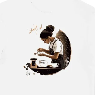 Koszulka męska biała z nadrukiem baristy tworzącego latte art