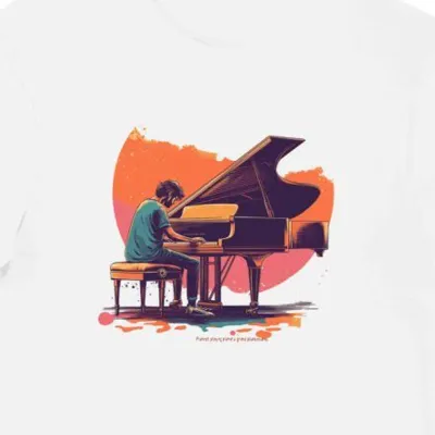 Koszulka męska biała z grafiką pianisty przy fortepianie