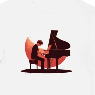 Koszulka męska biała z nadrukiem pianisty na fortepianie