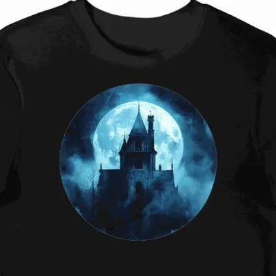 Koszulka męska czarna z nadrukiem nawiedzonej wieży halloween(2)