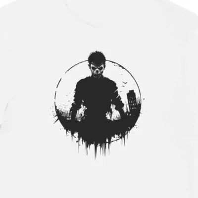 Koszulka męska biała z nadrukiem futurystycznego zombie dla fanów horroru halloween