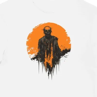 Koszulka męska biała z nadrukiem zombie w pomarańczowych strzępach halloween