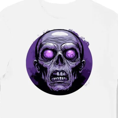 Koszulka męska biała z nadrukiem zombie o purpurowych oczach halloween