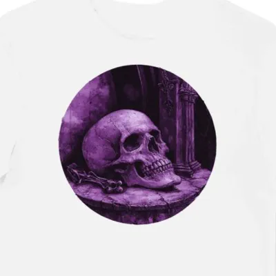 Koszulka męska biała z motywem purpurowej czaszki halloween