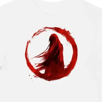 Koszulka męska biała z nadrukiem Sadako dla fanów horroru halloween