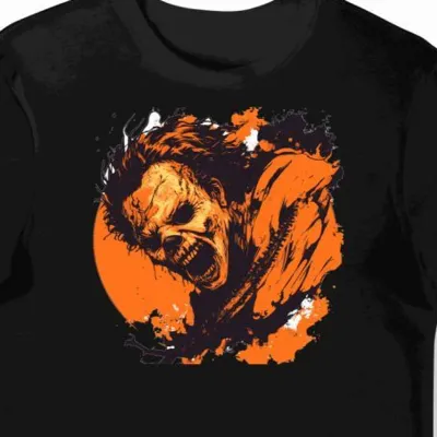 Koszulka męska czarna z motywem pomarańczowej piły Leatherface halloween