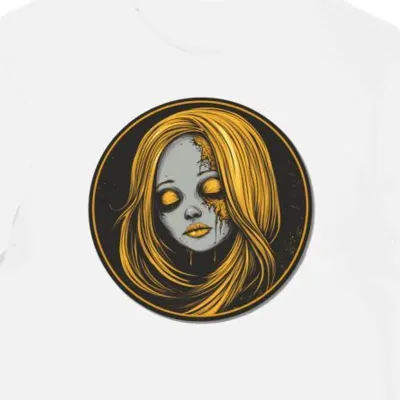 Koszulka męska biała z nadrukiem złotej lalki Annabelle dla fanów horrorów halloween