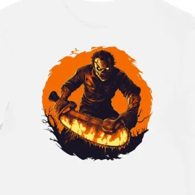Koszulka męska biała z motywem Leatherface z piłą halloween