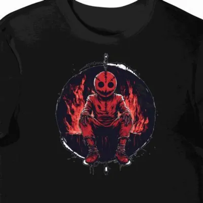 Koszulka męska czarna z motywem czerwonego Jigsawa halloween
