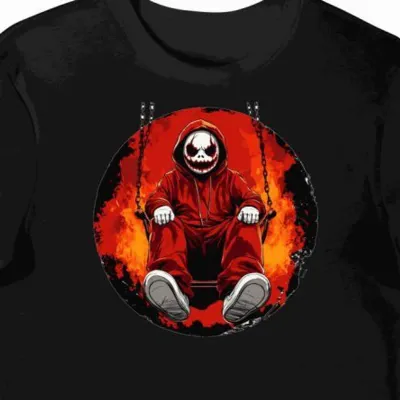 Koszulka męska czarna z grafiką Czerwona Jigsaw halloween