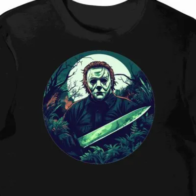 Koszulka męska czarna z motywem zielonego noża Myersa dla fanów horroru halloween