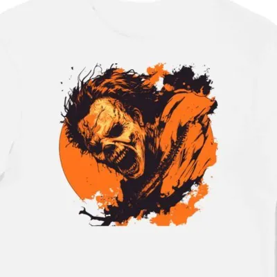 Koszulka męska biała z nadrukiem Leatherface dla fanów horrorów halloween
