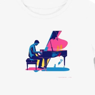Koszulka damska biała z grafiką pianisty na fortepianie