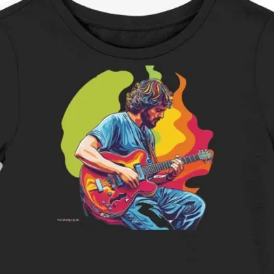 Koszulka damska czarna z nadrukiem gitarzysty w popowym stylu