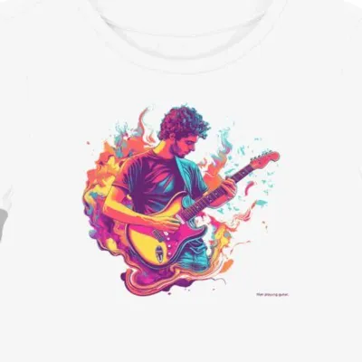 Koszulka damska biała z nadrukiem gitarzysty w stylu elektrycznym