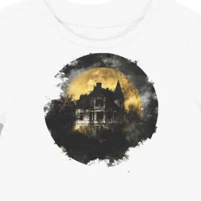 Koszulka damska biała z motywem złotego nawiedzonego domu halloween