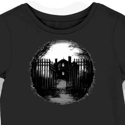Koszulka damska czarna z motywem nawiedzonego domu dla miłośników horroru halloween