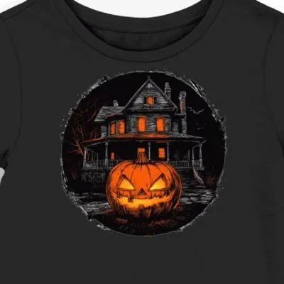 Koszulka damska czarna z nadrukiem dyni i nawiedzonego domu halloween