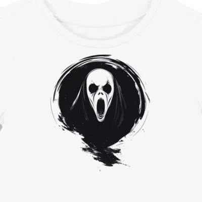 Koszulka damska biała z nadrukiem Ghostface dla fanów horroru