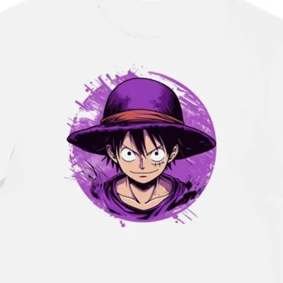 Koszulka męska biała z motywem fioletowego kapelusza Luffy
