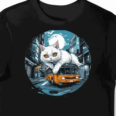 Koszulka męska czarna z motywem kota anime Ghibli
