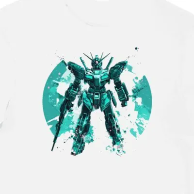 Koszulka męska biała z motywem tarczy teal Gundam