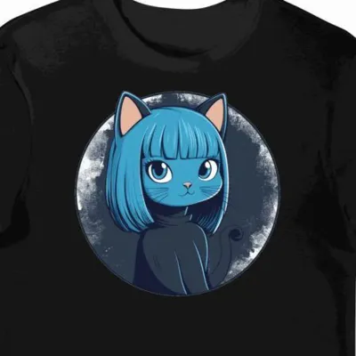 Koszulka męska czarna z motywem niebieskiego kotka kawaii